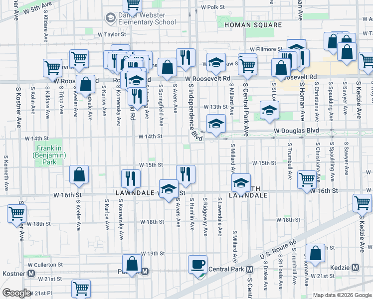 map of restaurants, bars, coffee shops, grocery stores, and more near 3757 West Douglas Boulevard in Chicago