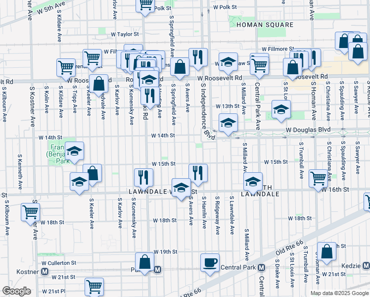 map of restaurants, bars, coffee shops, grocery stores, and more near 1414 South Avers Avenue in Chicago