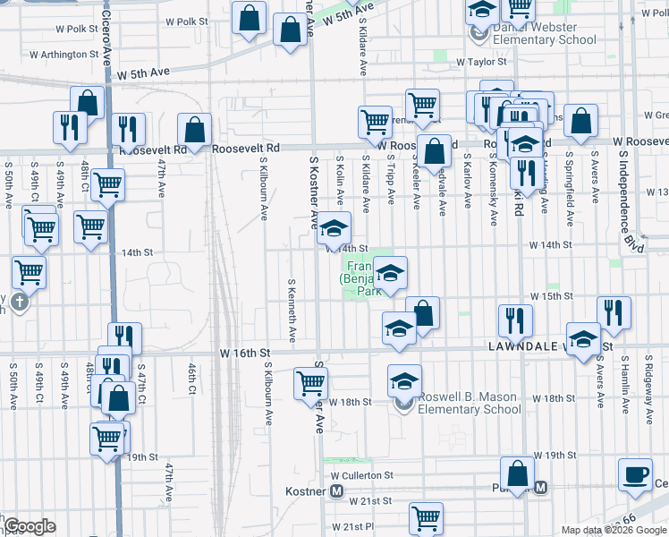 map of restaurants, bars, coffee shops, grocery stores, and more near 1402 South Kolin Avenue in Chicago
