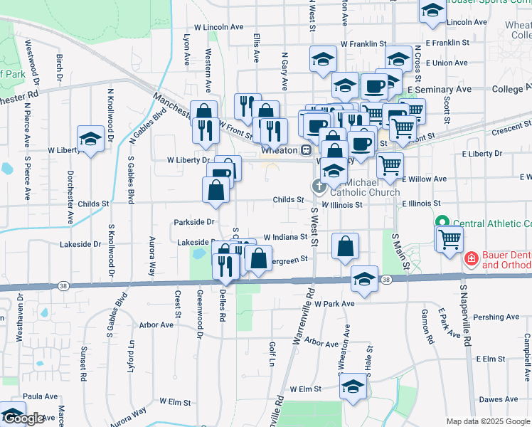 map of restaurants, bars, coffee shops, grocery stores, and more near 604 Childs Street in Wheaton