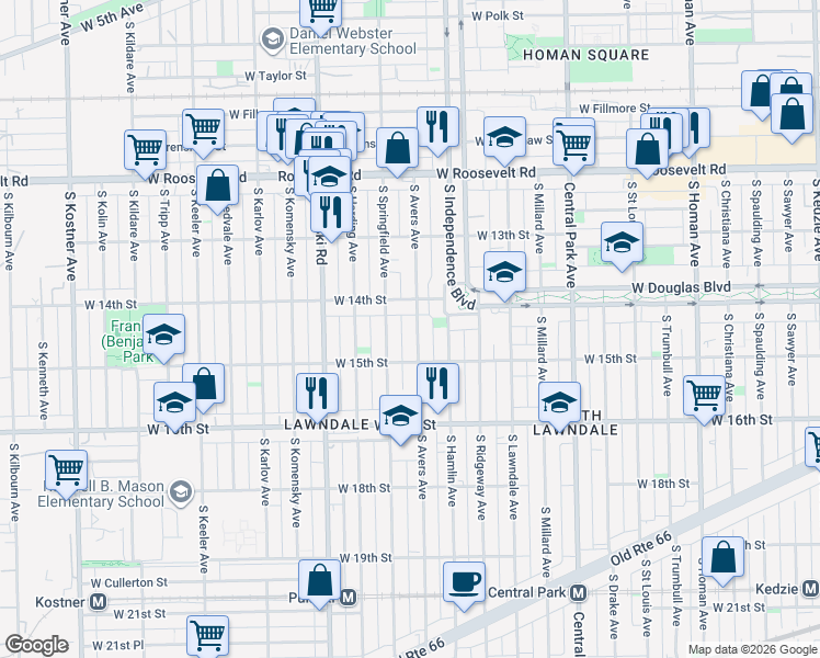 map of restaurants, bars, coffee shops, grocery stores, and more near 1426 South Avers Avenue in Chicago