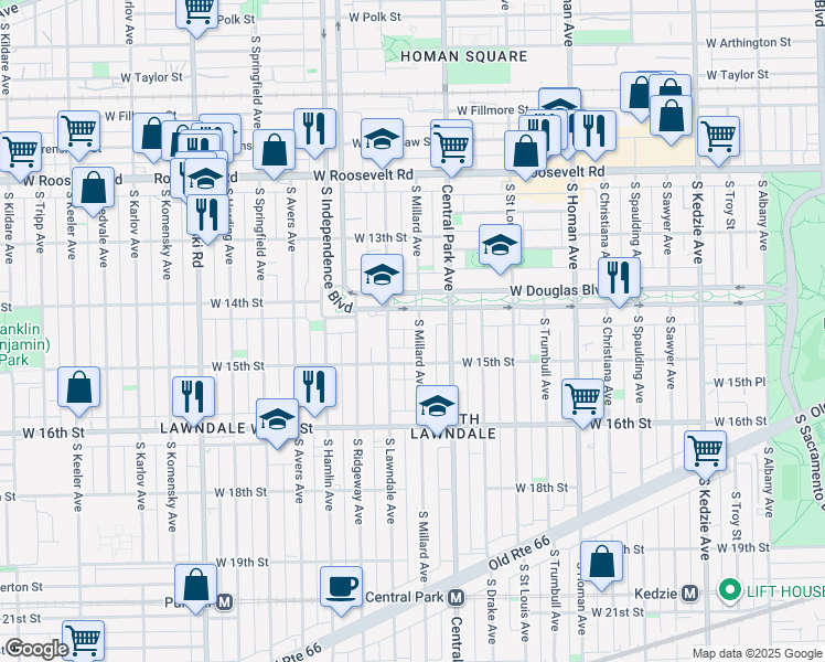 map of restaurants, bars, coffee shops, grocery stores, and more near 3643 West Douglas Boulevard in Chicago