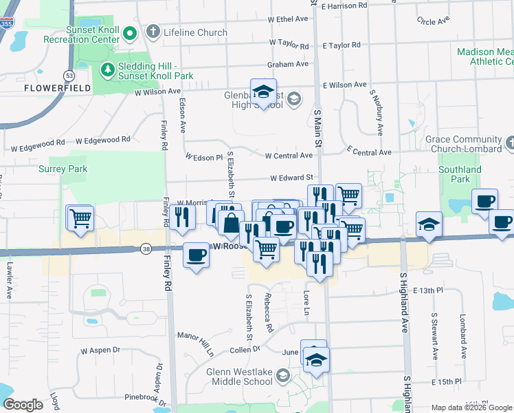 map of restaurants, bars, coffee shops, grocery stores, and more near 225 West Morris Avenue in Lombard