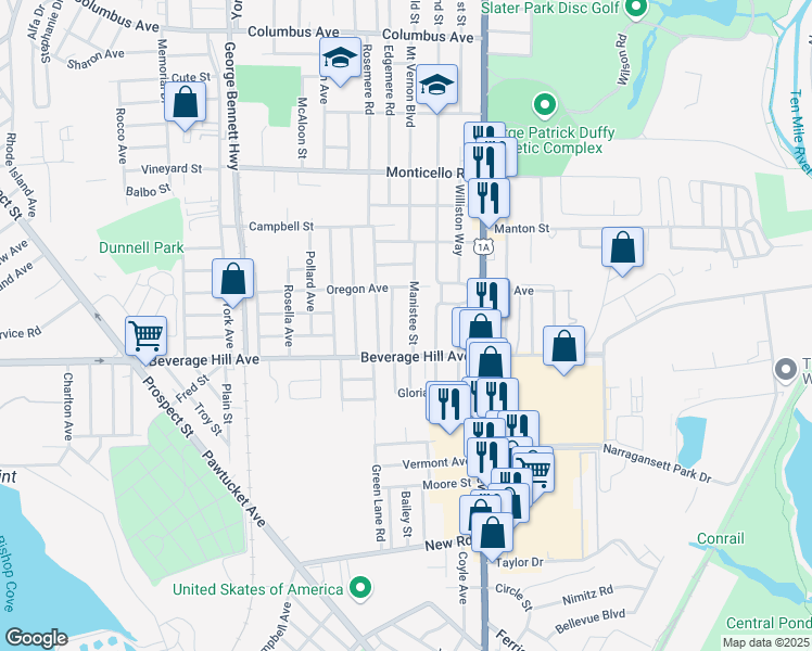 map of restaurants, bars, coffee shops, grocery stores, and more near 103 Manistee Street in Pawtucket