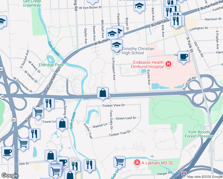 map of restaurants, bars, coffee shops, grocery stores, and more near 1200 South Prospect Avenue in Elmhurst