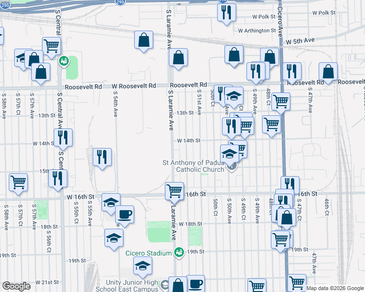 map of restaurants, bars, coffee shops, grocery stores, and more near 1401 South 51st Court in Cicero