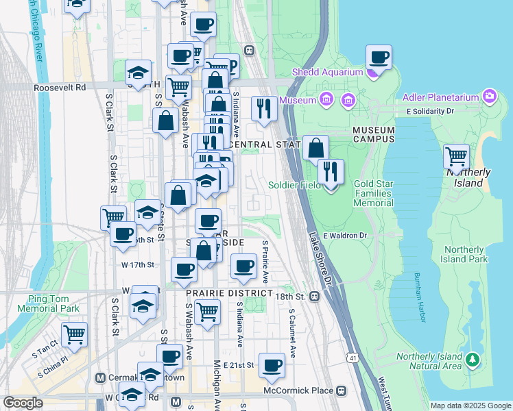 map of restaurants, bars, coffee shops, grocery stores, and more near 1512 South Prairie Avenue in Chicago
