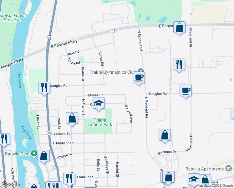 map of restaurants, bars, coffee shops, grocery stores, and more near 731 Maves Drive in Batavia