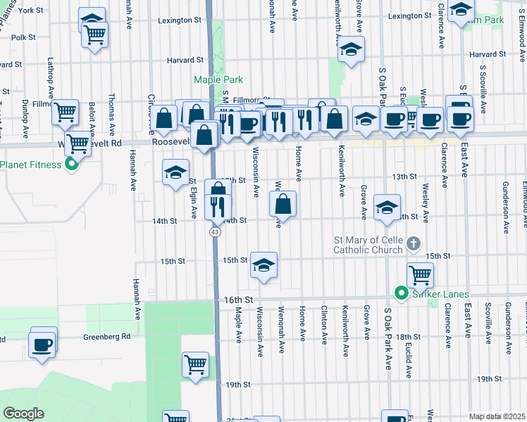 map of restaurants, bars, coffee shops, grocery stores, and more near 1335 Wisconsin Avenue in Berwyn