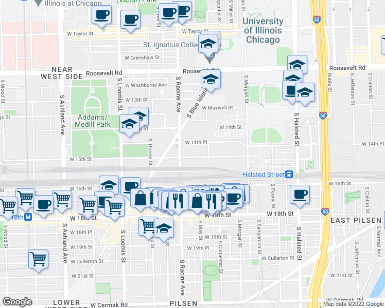 map of restaurants, bars, coffee shops, grocery stores, and more near 131 West 15th Street in Chicago