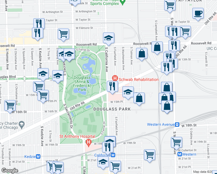 map of restaurants, bars, coffee shops, grocery stores, and more near 2764 Ogden Avenue in Chicago