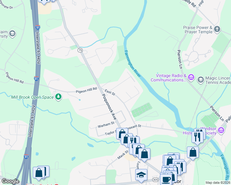 map of restaurants, bars, coffee shops, grocery stores, and more near 14 Greenfield Street in Windsor