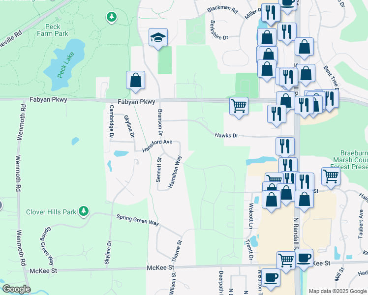 map of restaurants, bars, coffee shops, grocery stores, and more near 748 Hamilton Way in Batavia