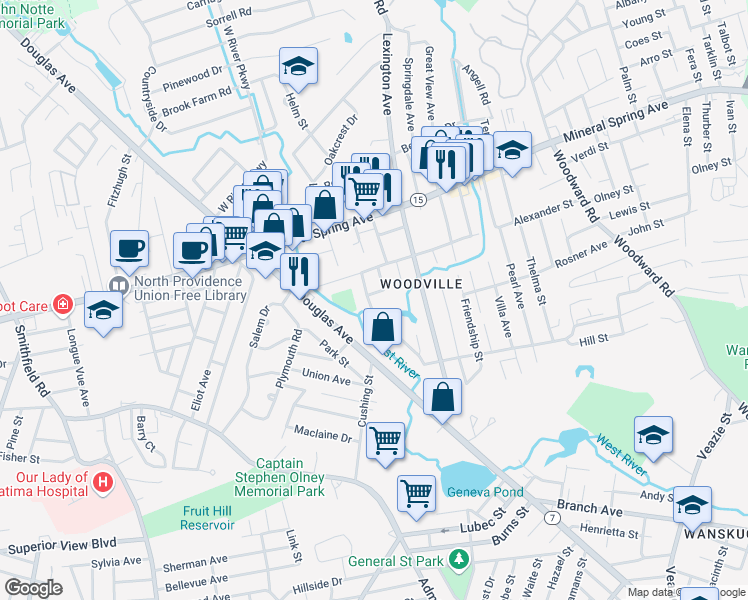 map of restaurants, bars, coffee shops, grocery stores, and more near 2 Clifford Street in North Providence