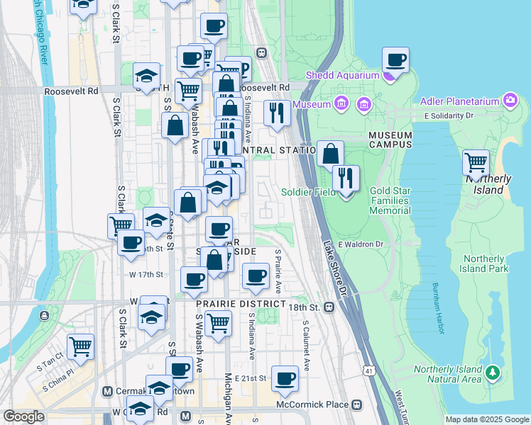 map of restaurants, bars, coffee shops, grocery stores, and more near 1512 South Prairie Avenue in Chicago