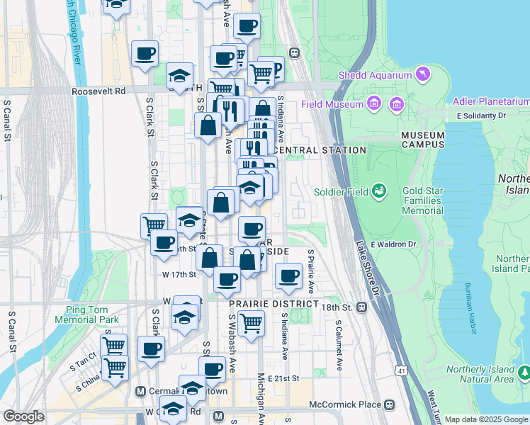 map of restaurants, bars, coffee shops, grocery stores, and more near 1470 Michigan Avenue in Chicago