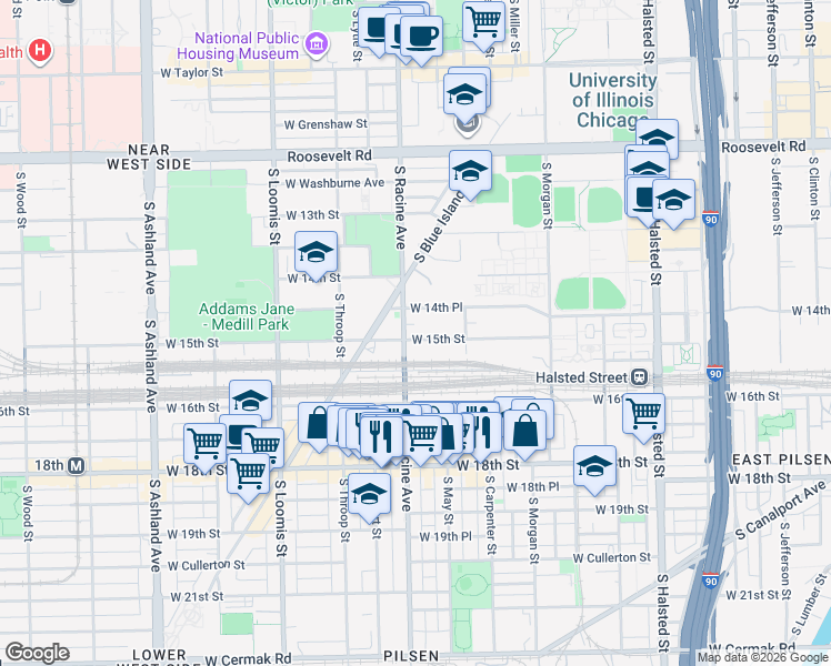 map of restaurants, bars, coffee shops, grocery stores, and more near 1111 West 14th Place in Chicago