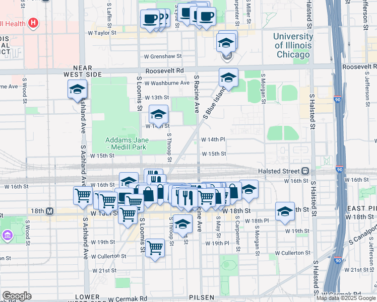 map of restaurants, bars, coffee shops, grocery stores, and more near 1445 South Blue Island Avenue in Chicago
