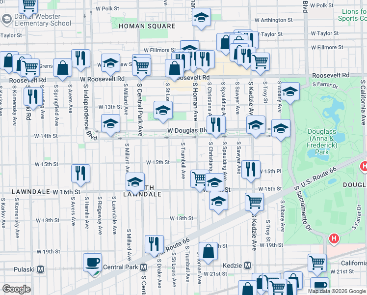 map of restaurants, bars, coffee shops, grocery stores, and more near 3413 West Douglas Boulevard in Chicago