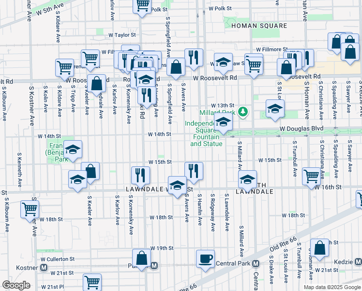 map of restaurants, bars, coffee shops, grocery stores, and more near 1414 South Avers Avenue in Chicago