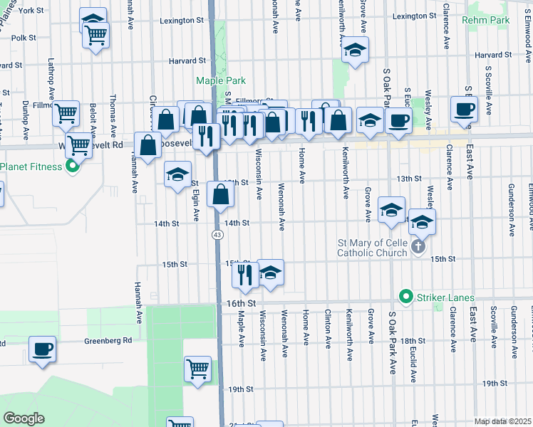 map of restaurants, bars, coffee shops, grocery stores, and more near 1335 Wisconsin Avenue in Berwyn