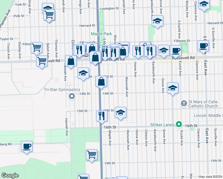 map of restaurants, bars, coffee shops, grocery stores, and more near 1333 Maple Avenue in Berwyn