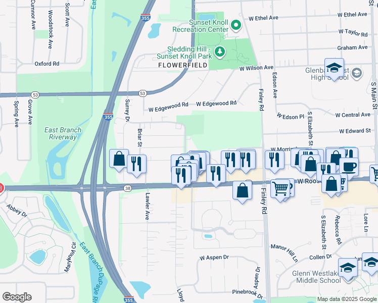 map of restaurants, bars, coffee shops, grocery stores, and more near 69 Surrey Drive in Glen Ellyn