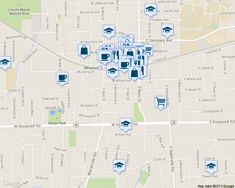 map of restaurants, bars, coffee shops, grocery stores, and more near 304 West Illinois Street in Wheaton