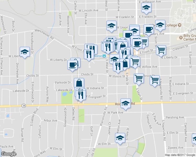 map of restaurants, bars, coffee shops, grocery stores, and more near 415 Brantley Pl in Wheaton