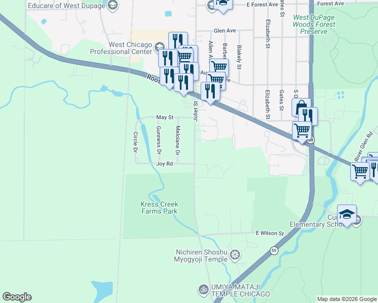 map of restaurants, bars, coffee shops, grocery stores, and more near 1478 Joliet Street in West Chicago