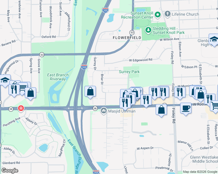 map of restaurants, bars, coffee shops, grocery stores, and more near 1131 Londonberry Lane in Glen Ellyn