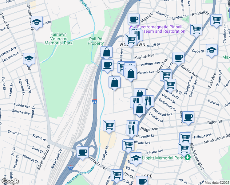 map of restaurants, bars, coffee shops, grocery stores, and more near 250 Esten Avenue in Pawtucket