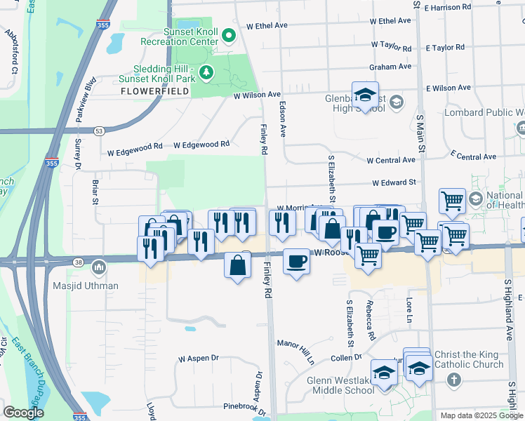 map of restaurants, bars, coffee shops, grocery stores, and more near 2 Finley Road in Lombard