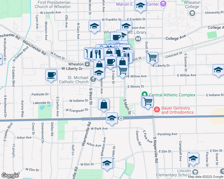 map of restaurants, bars, coffee shops, grocery stores, and more near 400 South Hale Street in Wheaton