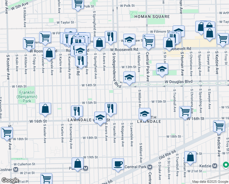 map of restaurants, bars, coffee shops, grocery stores, and more near 1409 South Hamlin Avenue in Chicago