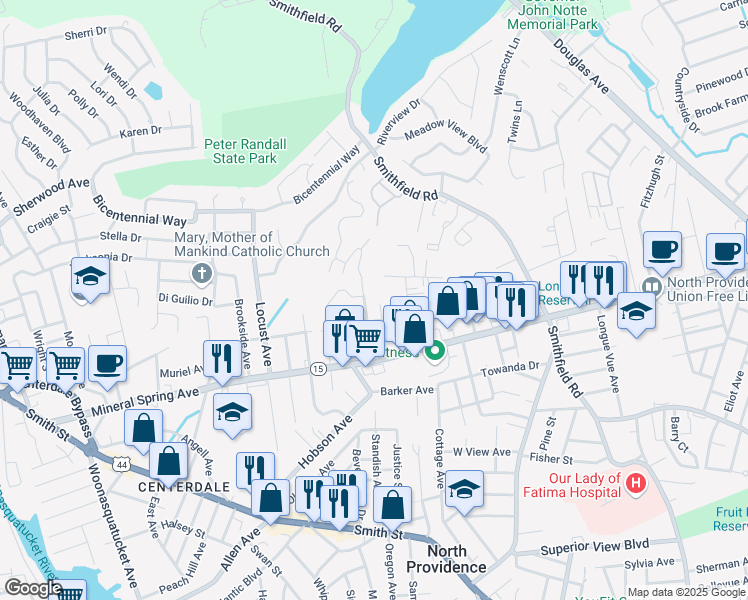 map of restaurants, bars, coffee shops, grocery stores, and more near 20 McGuire Road in North Providence