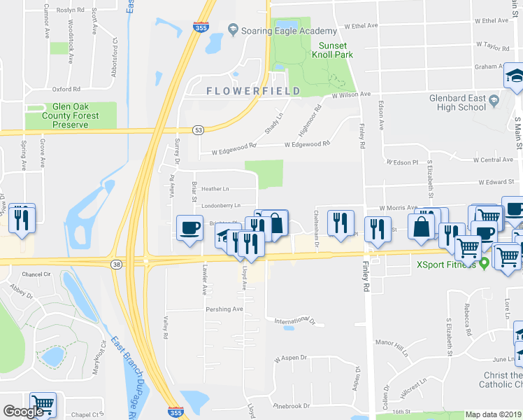 map of restaurants, bars, coffee shops, grocery stores, and more near 69 Surrey Drive in Glen Ellyn