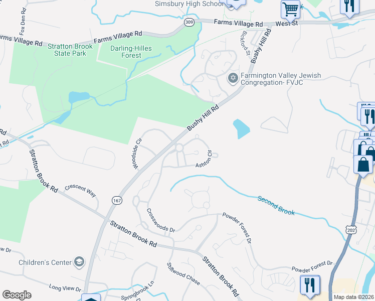 map of restaurants, bars, coffee shops, grocery stores, and more near 1 Meeting House North in Simsbury