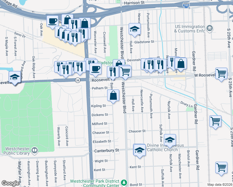 map of restaurants, bars, coffee shops, grocery stores, and more near 1341 Balmoral Avenue in Westchester