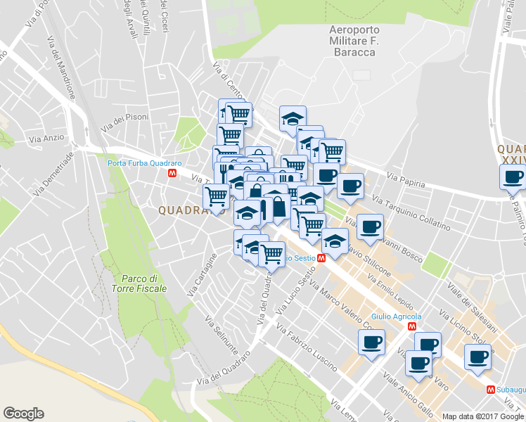 map of restaurants, bars, coffee shops, grocery stores, and more near 687 Via Tuscolana in Rome