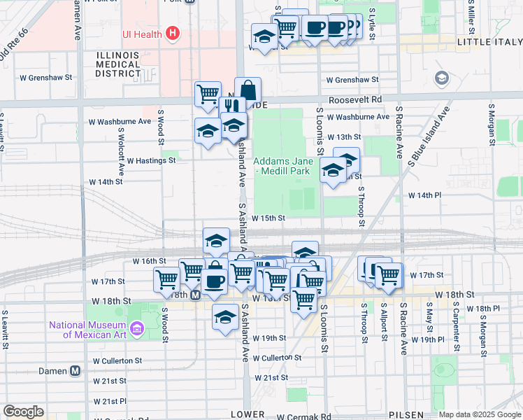map of restaurants, bars, coffee shops, grocery stores, and more near 1519 West 15th Street in Chicago