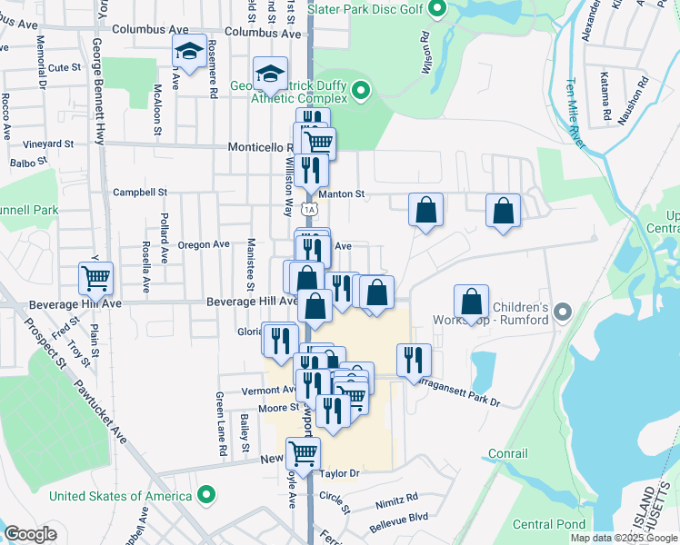 map of restaurants, bars, coffee shops, grocery stores, and more near 166 Courtney Avenue in Pawtucket