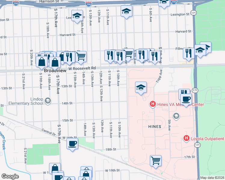 map of restaurants, bars, coffee shops, grocery stores, and more near 2308 South 10th Avenue in Broadview