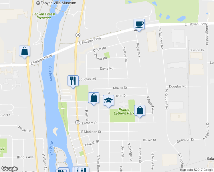 map of restaurants, bars, coffee shops, grocery stores, and more near 333 Maves Drive in Batavia