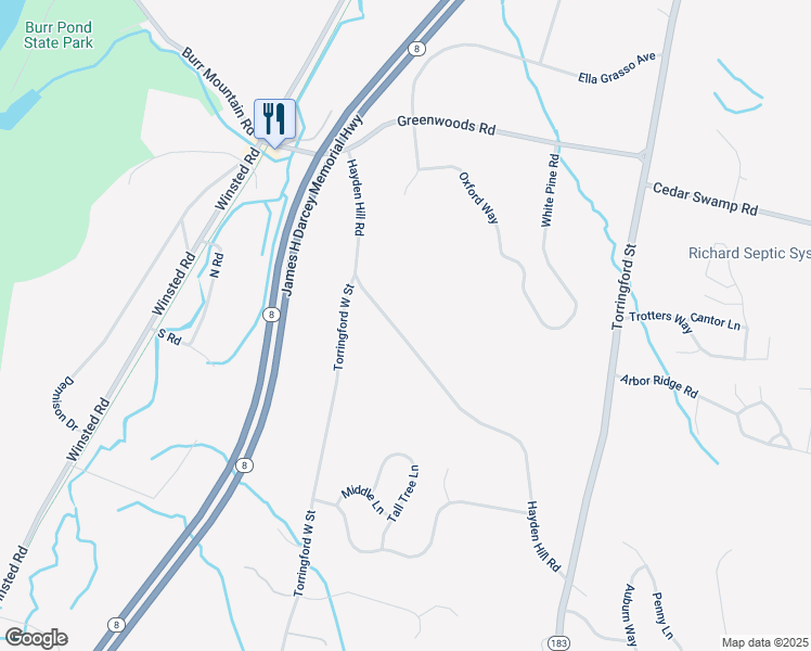 map of restaurants, bars, coffee shops, grocery stores, and more near 281 Hayden Hill Road in Torrington
