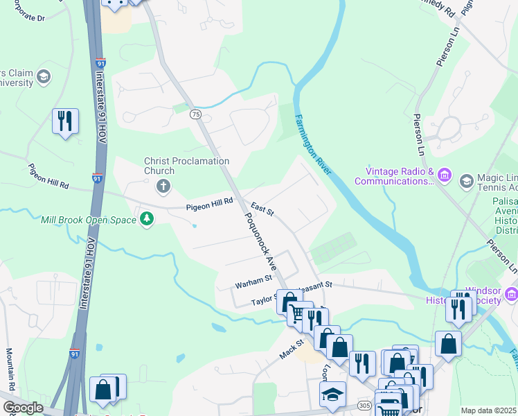 map of restaurants, bars, coffee shops, grocery stores, and more near 151 Windsor Avenue in Windsor