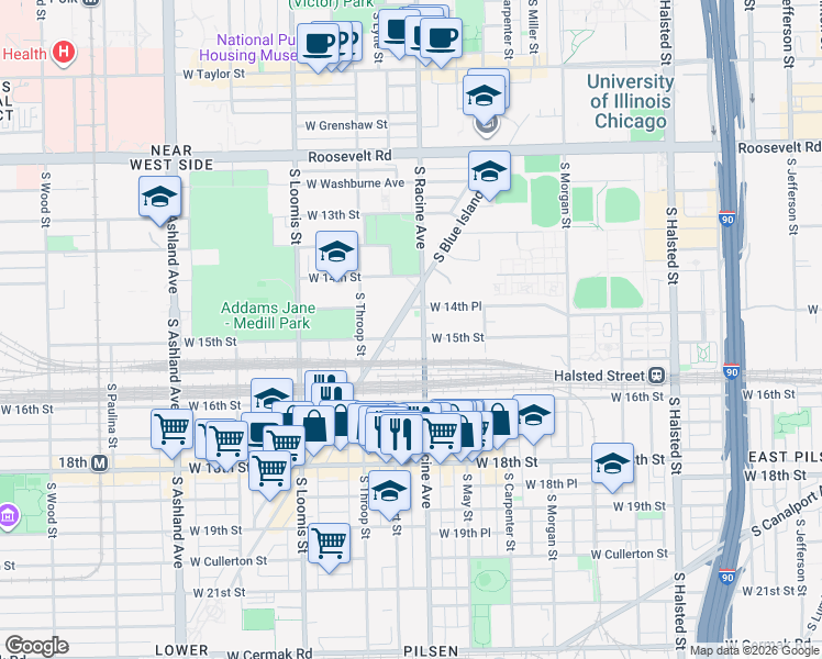 map of restaurants, bars, coffee shops, grocery stores, and more near 1461 South Blue Island Avenue in Chicago