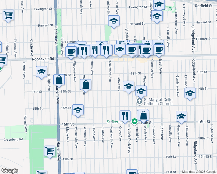 map of restaurants, bars, coffee shops, grocery stores, and more near 1336 Kenilworth Avenue in Berwyn