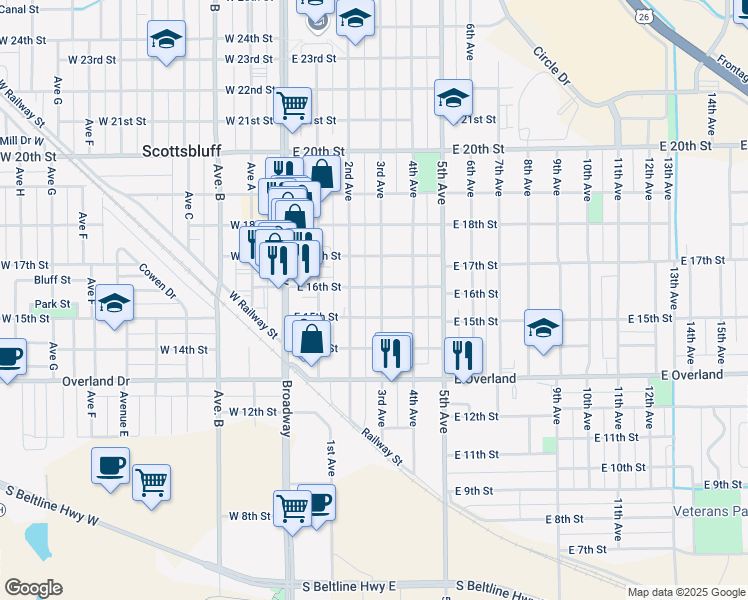 map of restaurants, bars, coffee shops, grocery stores, and more near 1516 3rd Avenue in Scottsbluff