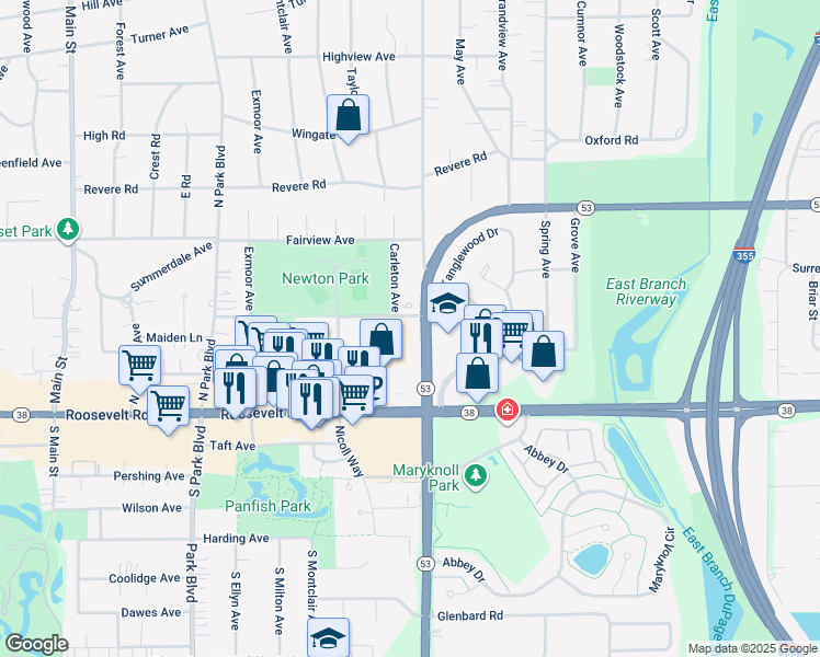 map of restaurants, bars, coffee shops, grocery stores, and more near 800 Illinois 53 in Glen Ellyn